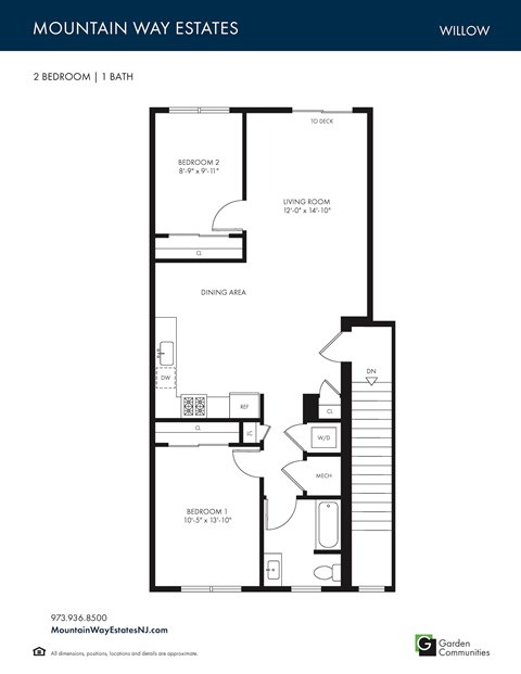 Floor plan for 2 beds, 1 bath, 1003 sqft